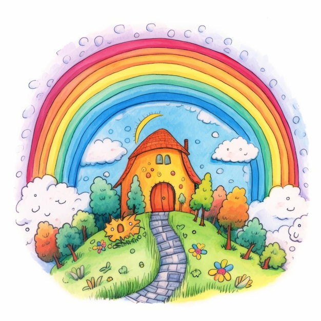 Rainbow on the meadow with house Hand drawn watercolor illustration