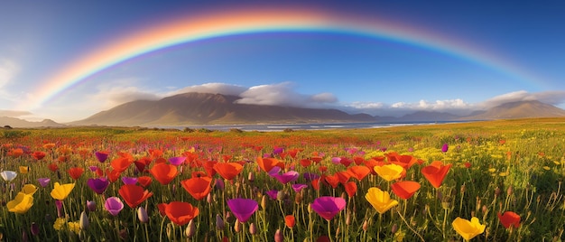 Радужные луга. Цветущие полевые цветы в поле с радугой позади.