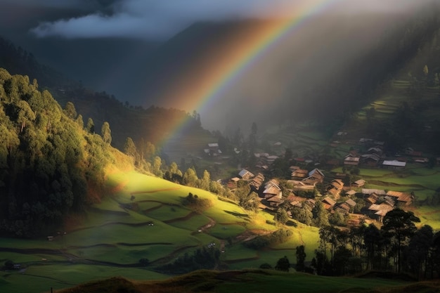 Rainbow over a misty village nestled in green hills at sunsetxA