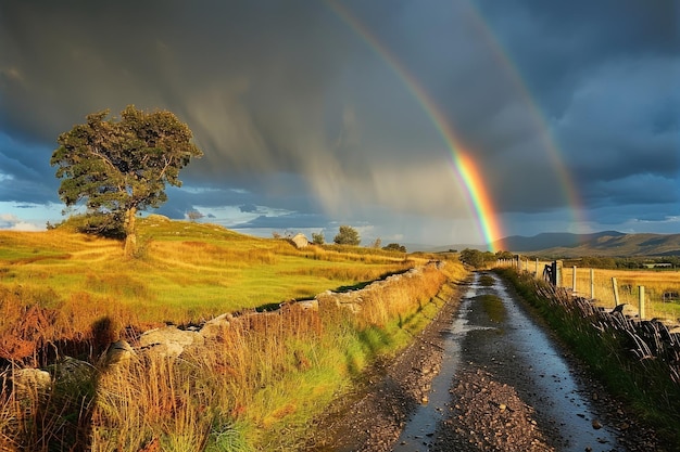 虹の瞬間 雨が降った後の虹 虹の短命な美しさを捕まえる 涼しい雨の後 自然が色彩のカレードスコップで空を描く瞬間