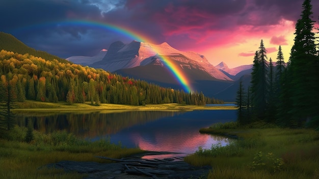 A rainbow over a mountain lake with mountains in the background