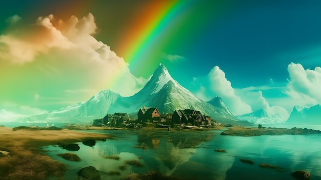 A rainbow over a mountain and a rainbow