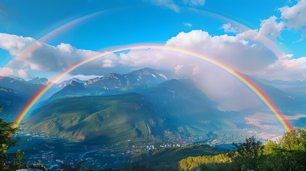 rainbow in mountain valley and city