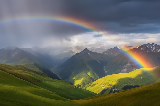 A rainbow over a mountain valley