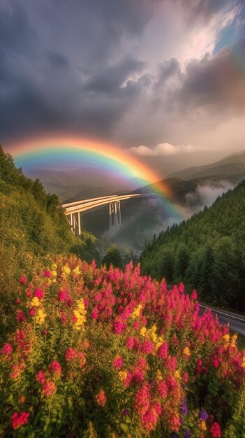 Photo rainbow over a mountain with a rainbow in the background