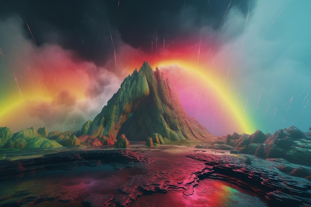 A rainbow over a mountain with a rainbow in the sky