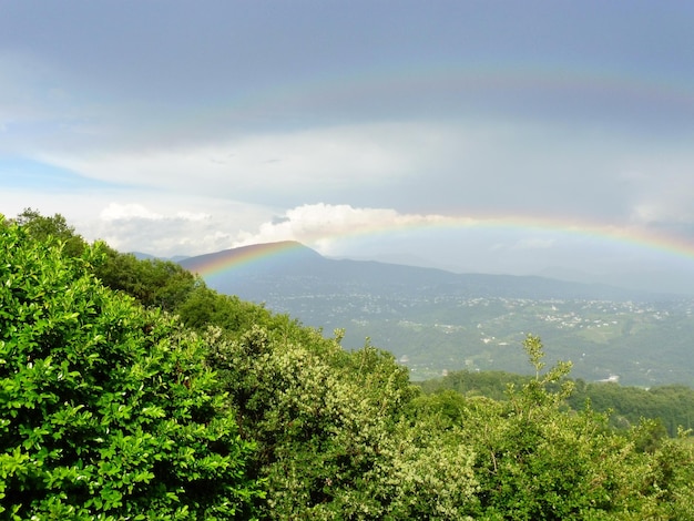 雲の空に覆われた山の上の虹