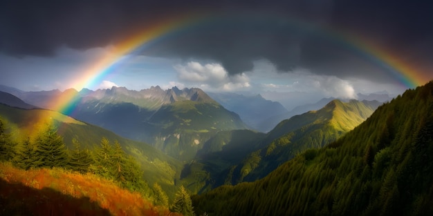 Rainbow over the mountains in switzerland