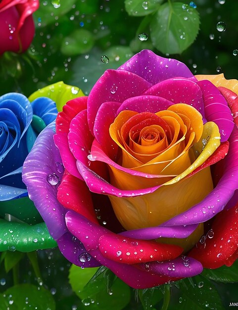 Photo rainbow or multicolored roses with many raindrops of dew in the morning generated by ai