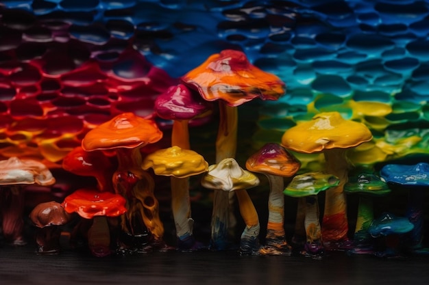 A rainbow of mushrooms is displayed in a display.