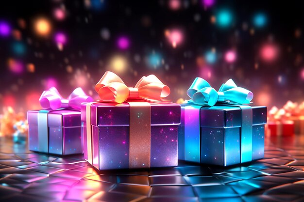 Rainbow neon gift boxes with bow on background of bokeh effect boxing day sale Generative AI