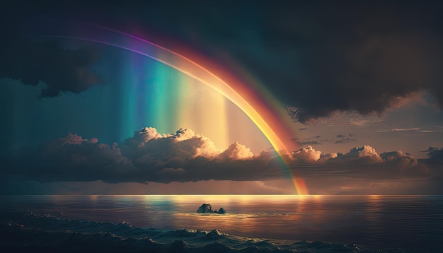 A rainbow over the ocean with the auroras on the horizon