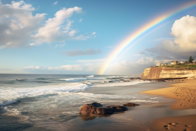 Rainbow over the ocean with rocks on the beach in bali a dreamy oceanside with a rainbow on the horizon after a storm ai generated