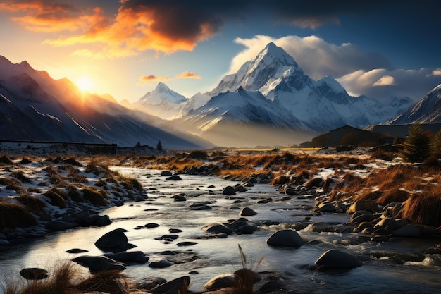 Rainbow omhelst besneeuwde bergen in een serene landschapsgeneratieve IA