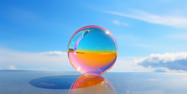 Rainbow orb floating in a clear blue sky