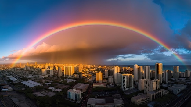 Rainbow Over the City Rain Bow Sky Town Landscape Urban Cityscape after Rain Rainbow Over Houses Generatieve AI Illustratie