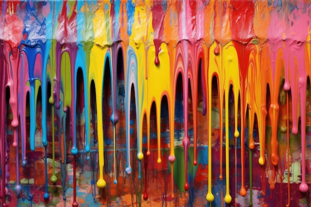 Rainbow of paint dripping down a wall vivid hues created with generative ai