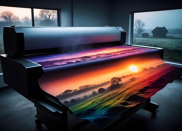 a rainbow painting on a table with the sun setting behind it