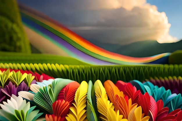 Photo a rainbow of paper flowers adorn a field.