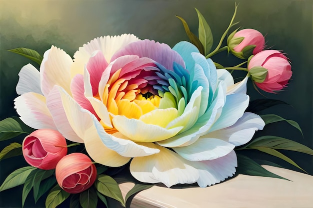 Rainbow pastel color Peonies flower painting