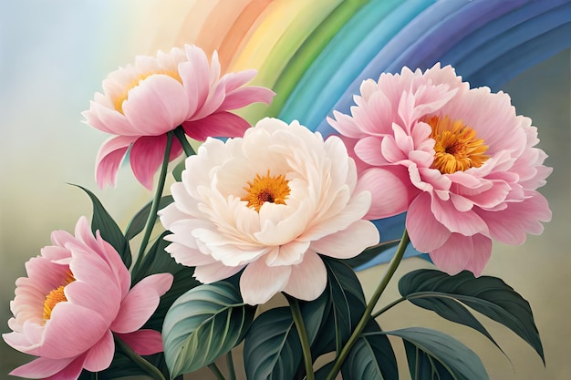 レインボーパステルカラーの牡丹の花の絵