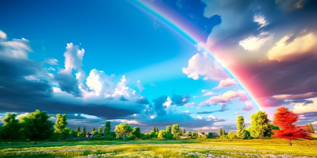 写真 雨の後に明るい色が空に広がる虹現象