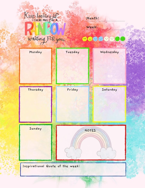 Rainbow planner printable template digital blank page