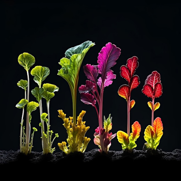 A rainbow of plants is growing in the dark.