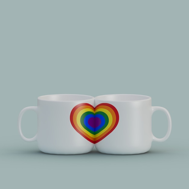 Rainbow Pride Colorful Heart Love Match Mugs Close Together 3D Illustration Concept Render