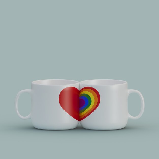 Rainbow Pride Colorful Red Half Heart Love Match Mugs Close Together 3D Illustration Concept Render