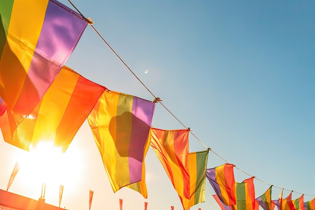 Rainbow Pride LGBTQ Flags hanging on a line with the sun behind them