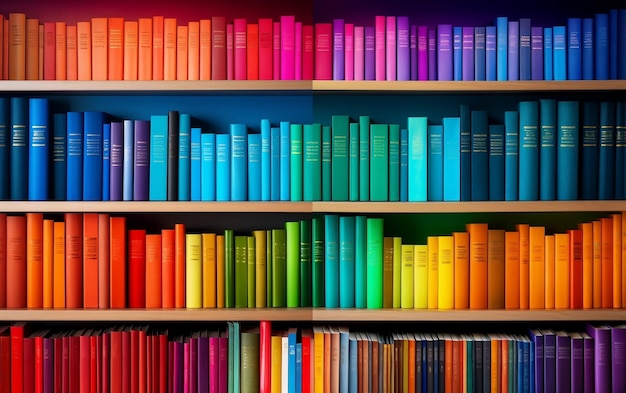 Rainbow of Reading Multi Colored Books on a Bookshelf Generative AI