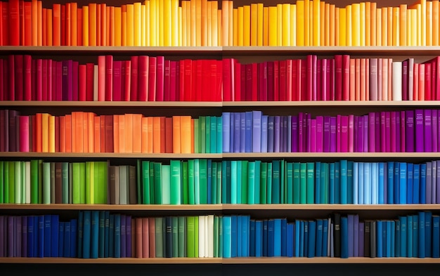 Rainbow of Reading Multi Colored Books on a Bookshelf Generative AI