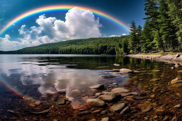 Foto l'arcobaleno riflesso nel lago cristallino