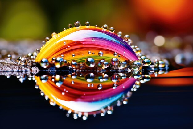 A rainbow reflected in the droplets of a water splash