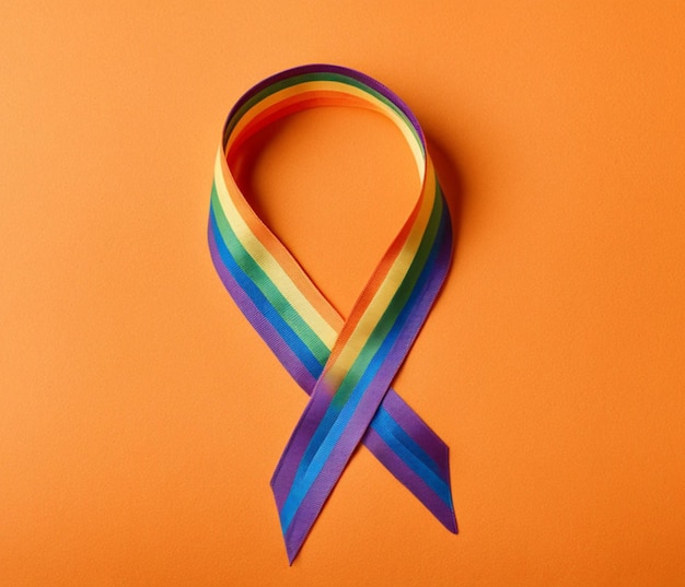 Rainbow ribbon on orange background top view LGBT pride