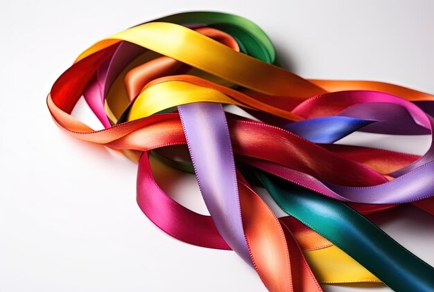 rainbow ribbon on white surface in the style of queer academia