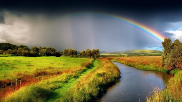 Rainbow over a river in a field