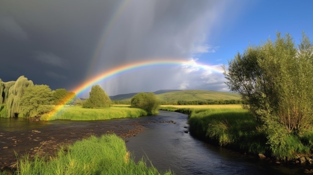 川を背景にした川にかかる虹