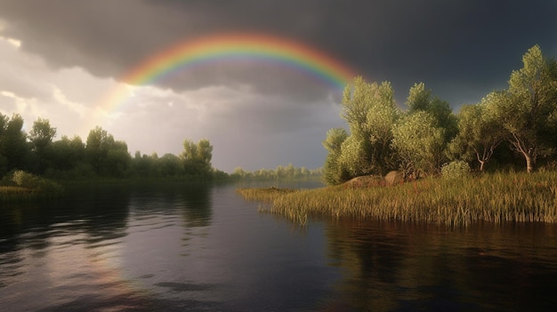 A rainbow over a river with a river in the background