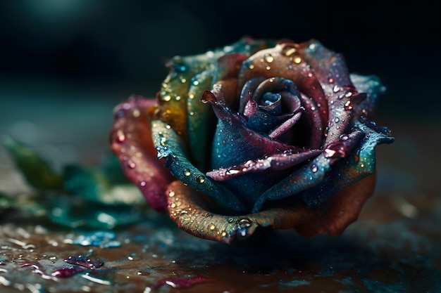 Rainbow rose with dew drops Neural network AI generated