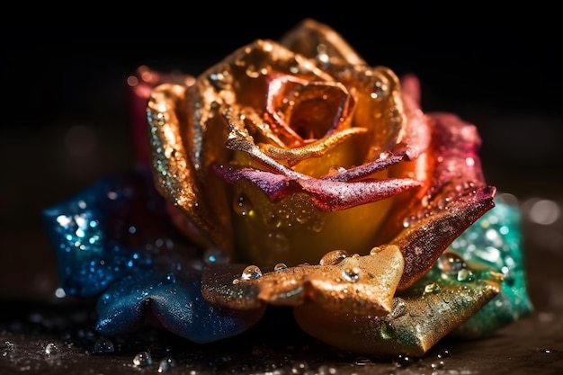 Rainbow rose with dew drops Neural network AI generated