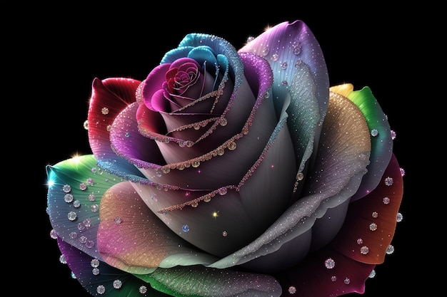 A rainbow rose with water drops on it