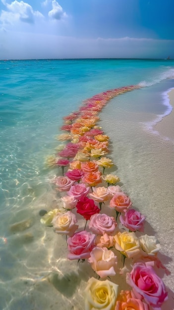 A rainbow of roses in the ocean