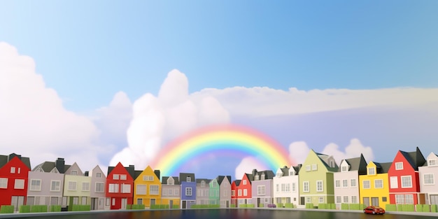 A rainbow over a row of houses with a blue sky in the background.