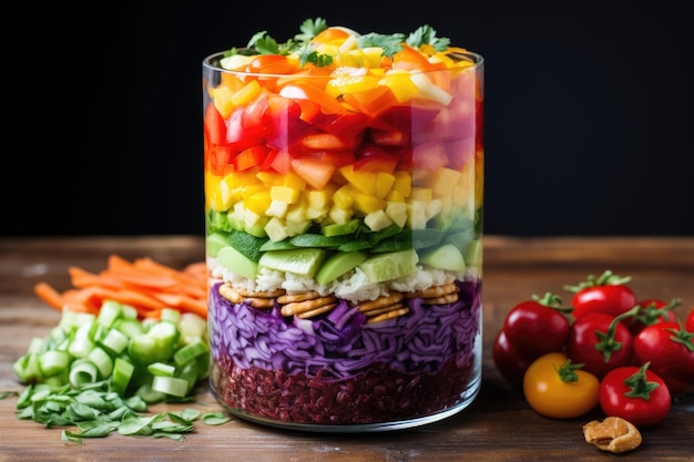 Rainbow salad with fruits and veggies in layers