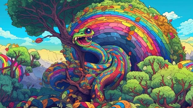 A rainbow serpent coiled around a tree in a tropical rainforest Fantasy concept Illustration painting