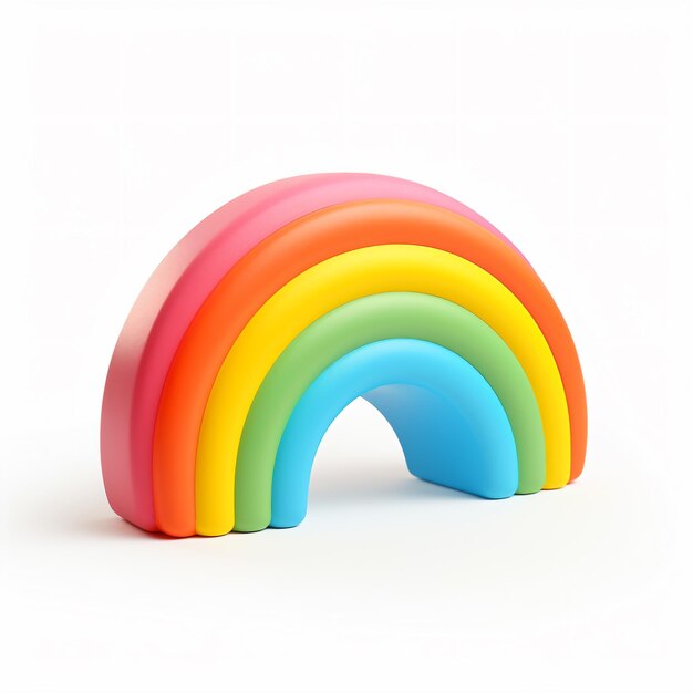 A rainbow shaped toy is on a white surface