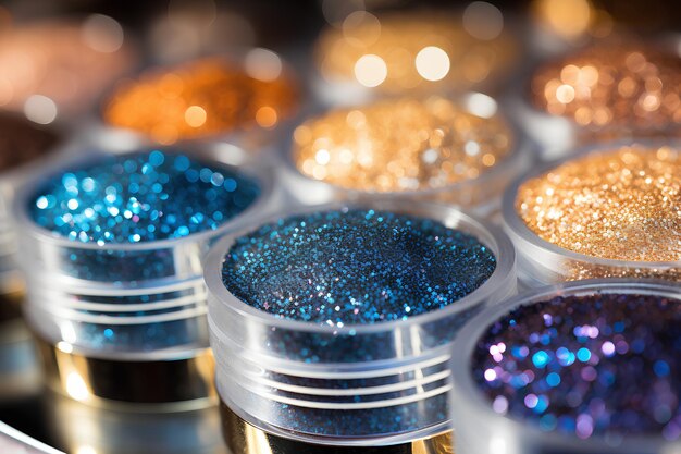 A rainbow of shimmering eyeshadow pigments spills across a black canvas