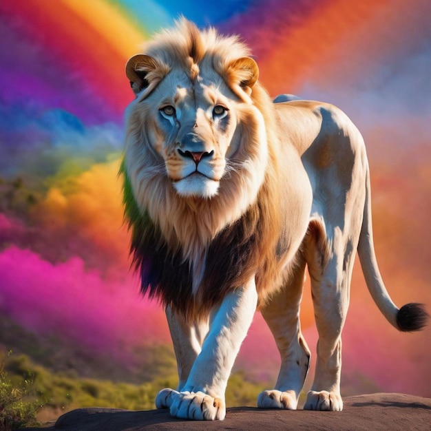 Photo rainbow shining behind a powerful lion